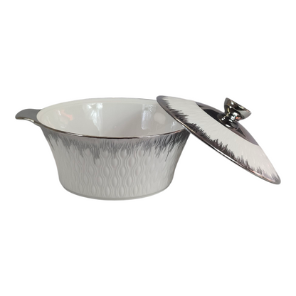 Set de Sopera de Cerámica con Tapadera + 6 Cuencos con Soporte Dorado - Estilo Elegante Blanco y Plateado