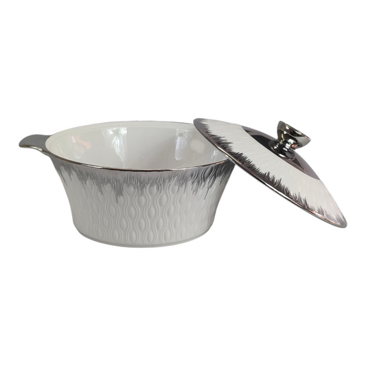 Set de Sopera de Cerámica con Tapadera + 6 Cuencos con Soporte Dorado - Estilo Elegante Blanco y Plateado