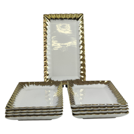 🥇 Set of 9 Rectangular Plates with Gold Rim 30cm x 17.5cm – Classic Elegance for Your Table 
