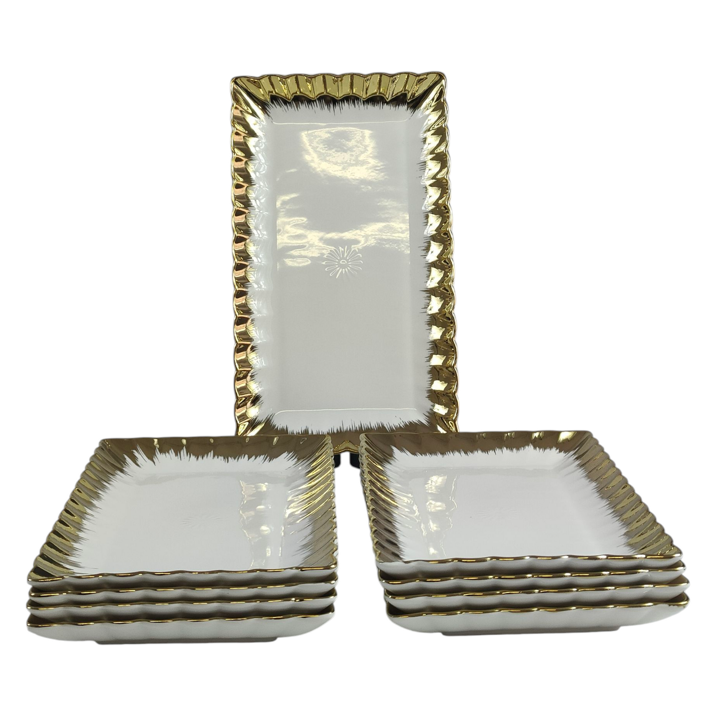 🥇 Set de 9 Platos Rectangulares con Borde Dorado 30cm x 17,5cm– Elegancia Clásica para tu Mesa