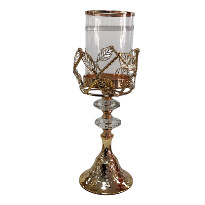 Portavelas de Cristal y Metal Dorado con Hojas Decorativas – 30 cm