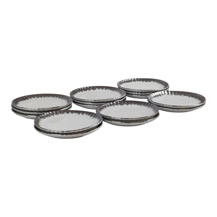 🍽️ Conjunto de 12 pratos de sobremesa redondos com rebordo prateado brilhante Ø 15cm – Estilo luxuoso