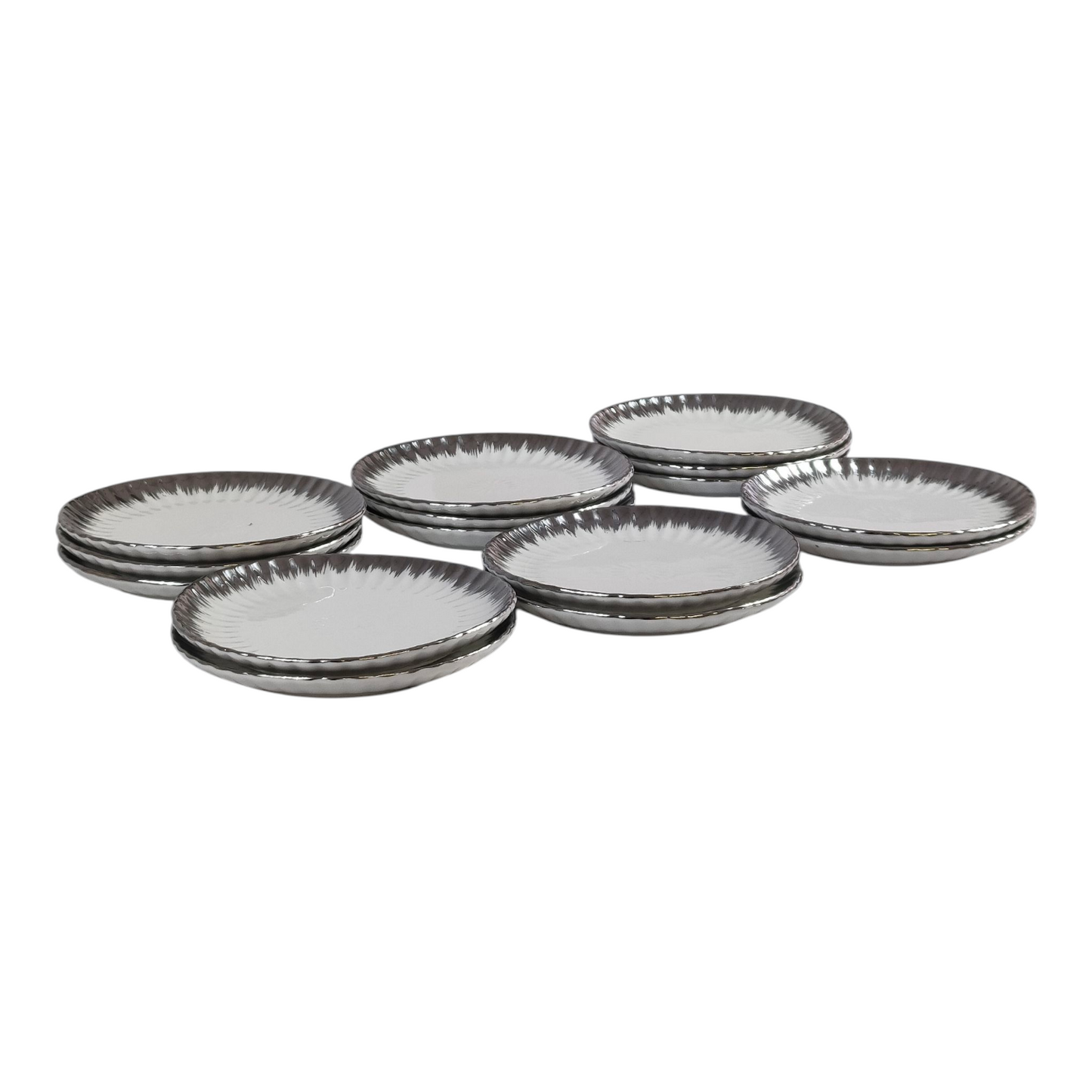 🍽️ Set de 12 Platos de Postre Redondos con Borde Plateado Brillante Ø 15cm – Estilo Lujo