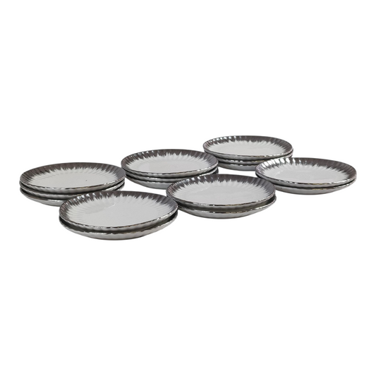 🍽️ Set de 12 Platos de Postre Redondos con Borde Plateado Brillante Ø 15cm – Estilo Lujo