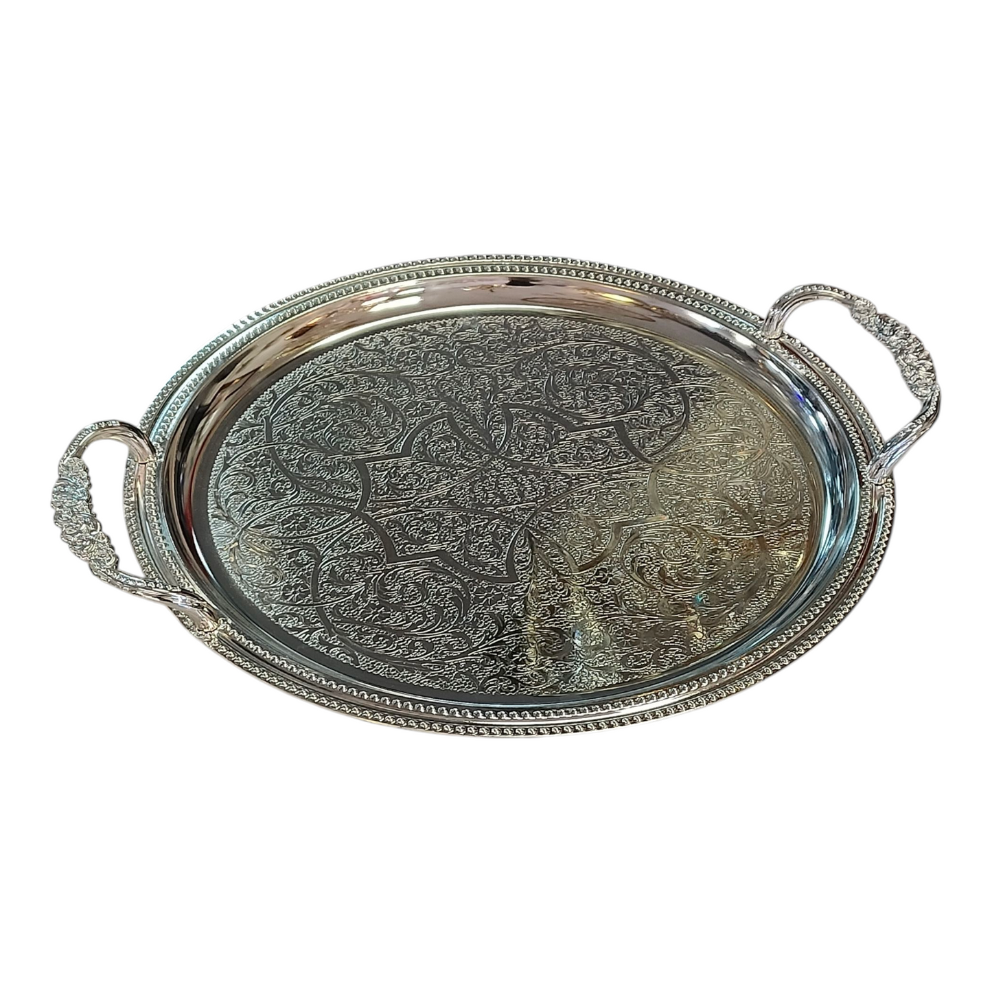 Bandeja Redondeada Plateada Grabada con Asas Texturizadas