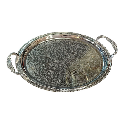 Bandeja Redondeada Plateada Grabada con Asas Texturizadas