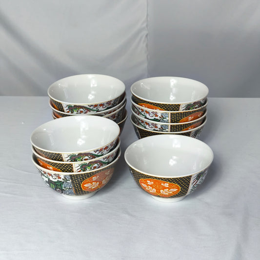 Set of Decorated Oriental Ceramic Bowls – 12-Piece Set