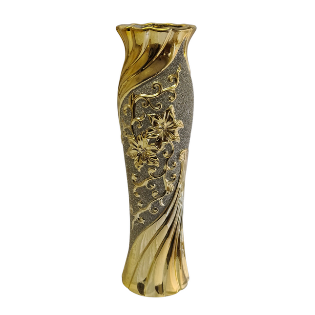 Jarrón Decorativo Alto Dorado y Plata con Flores en Relieve – Estilo Lujo