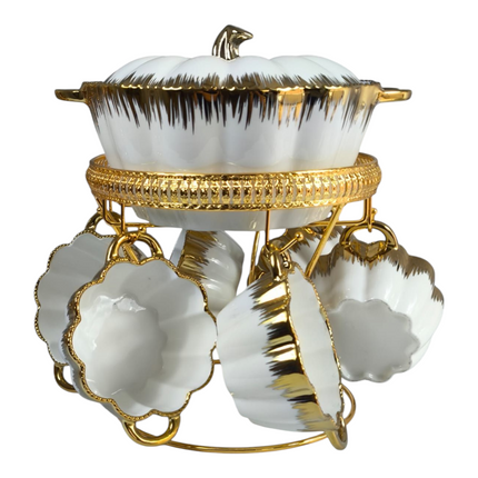 Soup Set with 6 Bowls 🍲✨ White Porcelain with Gold Details and Luxury Stand 2L
