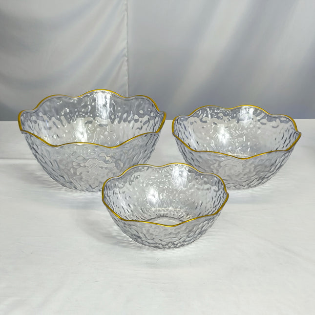 Set of 3 Hammered Plastic Bowls with Gold Rim – 3 Sizes