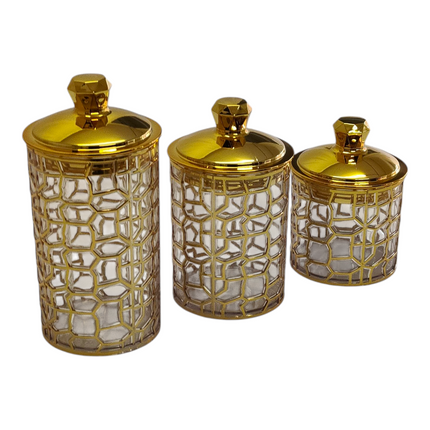 ✨ Conjunto de 3 potes de plástico com design árabe e tampa dourada — Elegância e funcionalidade 💎