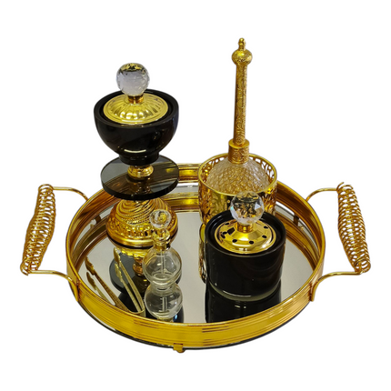 Conjunto de incenso e perfume árabe preto e dourado — Tabuleiro de luxo com acessórios