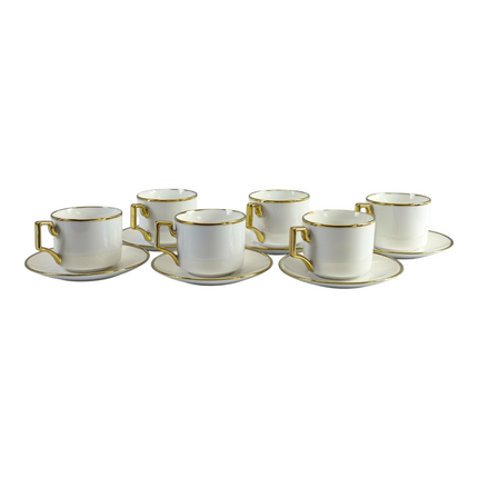 ☕ Set of 6 White Cups and Saucers with Gold Rims – Modern and Elegant Design 💛