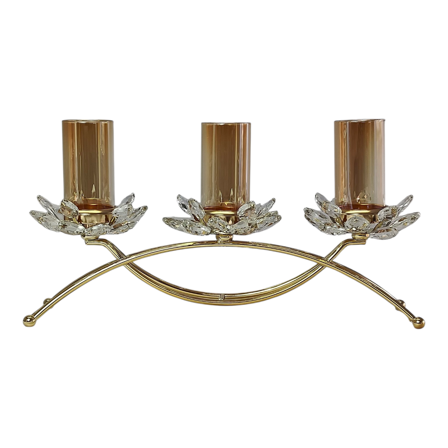 Portavelas Triple de Cristal y Metal Dorado con Diseño de Flores de Loto