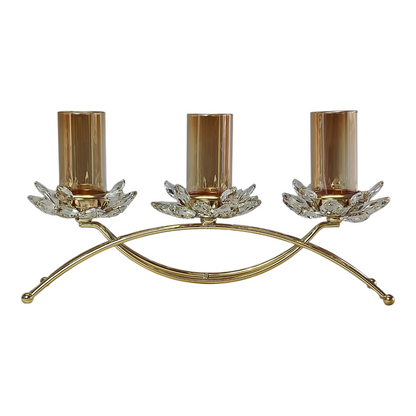 Portavelas Triple de Cristal y Metal Dorado con Diseño de Flores de Loto