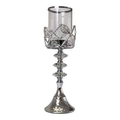 Portavelas de Cristal y Metal Plateado con Detalles de Hojas – 42cm