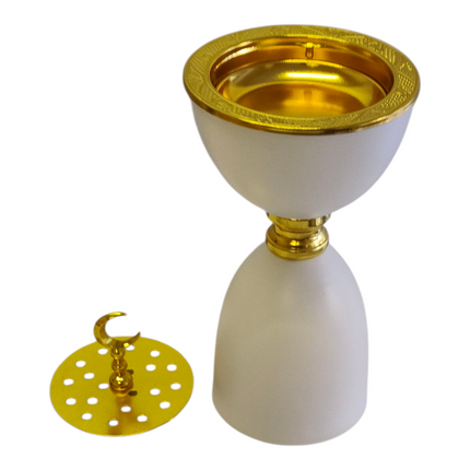 Incensário árabe branco e dourado com lua crescente — Design clássico e luxuoso 📝 Descrição do produto:
