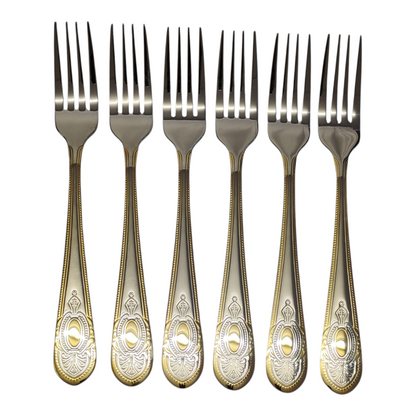 Set de 6 Tenedores de Mesa – Acero Inoxidable con Grabado y Borde Dorado