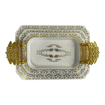 🏆 Conjunto de 3 bandejas retangulares com pega dourada e detalhes florais
