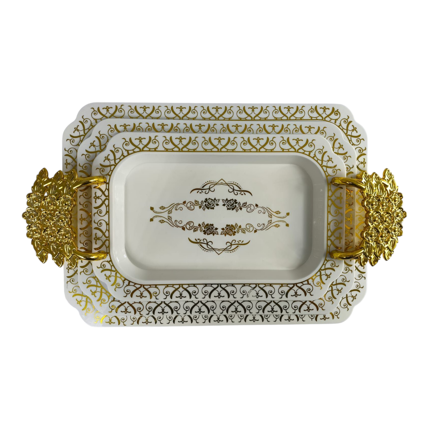🏆 Set de 3 Bandejas Rectangulares con Asa Dorada y Detalles Florales