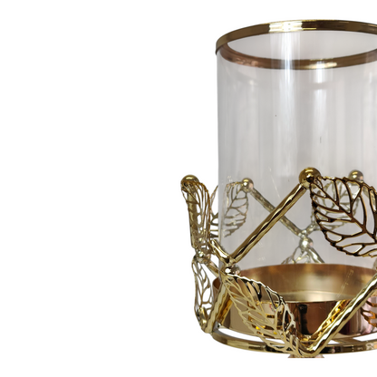 Portavelas Alto de Cristal y Metal Dorado con Detalles de Hojas – 42cm