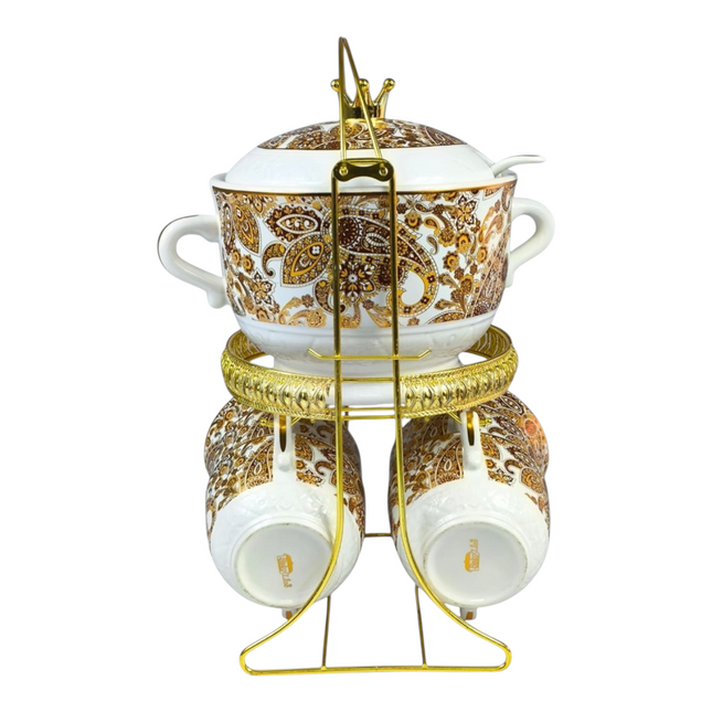 🍲 Ceramic Soup Set with Gold Accents – 11 Pieces with Stand ✨