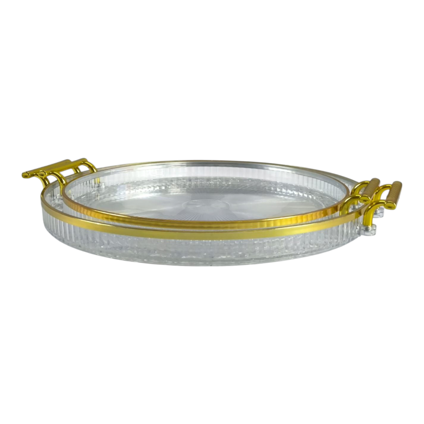 🍽️ Set de 2 Bandejas Redondas Transparentes con Asas Doradas – Estilo y Elegancia en tu Mesa 💛