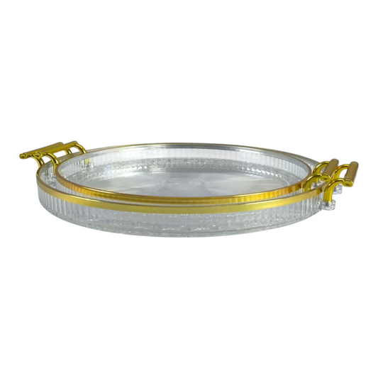 🍽️ Set de 2 Bandejas Redondas Transparentes con Asas Doradas – Estilo y Elegancia en tu Mesa 💛