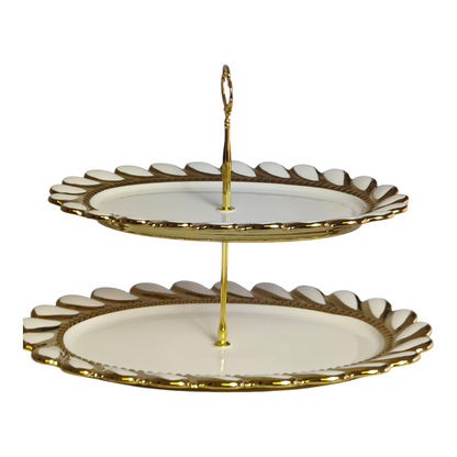🍰 Soporte de Dos Pisos de Porcelana con Borde Dorado — Elegancia y Estilo para tu Mesa ✨