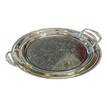 Bandeja Redondeada Plateada Grabada con Asas Texturizadas