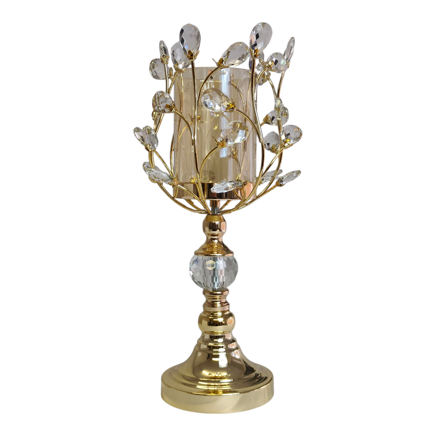 Portavelas de Cristal y Metal Dorado con Diseño de Ramas y Gotas Brillantes