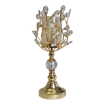 Portavelas de Cristal y Metal Dorado con Diseño de Ramas y Gotas Brillantes
