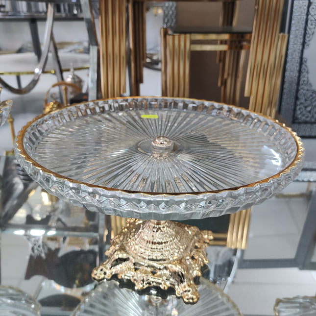 Tabuleiro de vidro elevado com base dourada — Fruteira ou centro de mesa de luxo