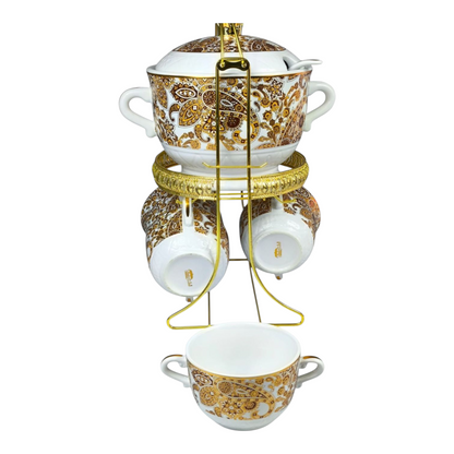 🍲 Set de Sopa de Cerámica con Detalles Dorados – 11 Piezas con Soporte ✨