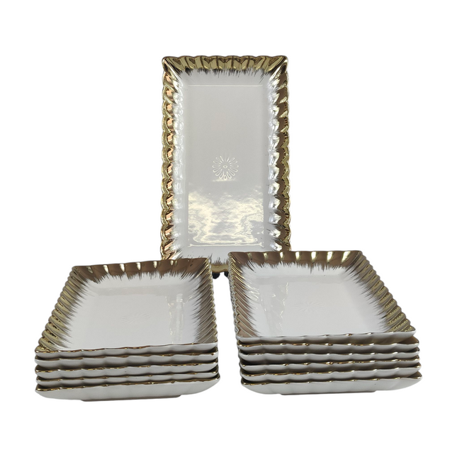 Set of 12 Rectangular White Porcelain Trays with Gold Rim 25.8cm x 15cm ✨🍰