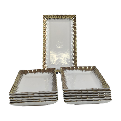 Set de 12 Bandejas Rectangulares de Porcelana Blanca con Borde Dorado 25,8cm x 15cm ✨🍰