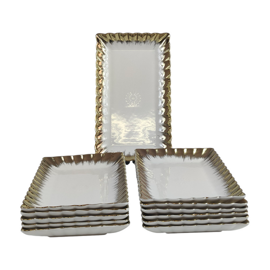 Set de 12 Bandejas Rectangulares de Porcelana Blanca con Borde Dorado 25,8cm x 15cm ✨🍰