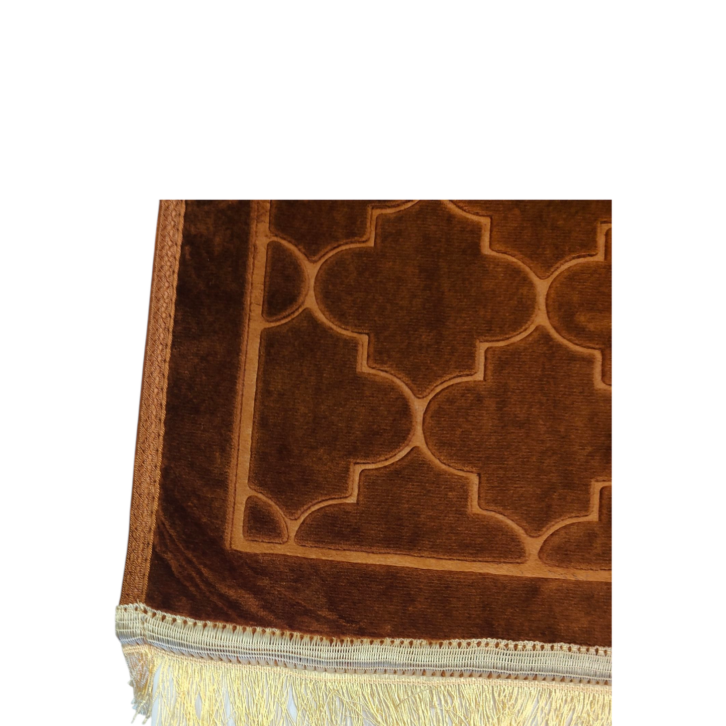Alfombra de Rezo Sajjada Marrón Chocolate con Flecos Dorados