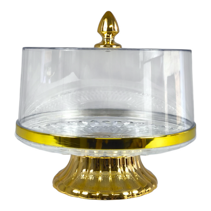 🍰 Suporte para Bolos com Tampa Transparente e Base Dourada – Elegância para as suas Sobremesas ✨