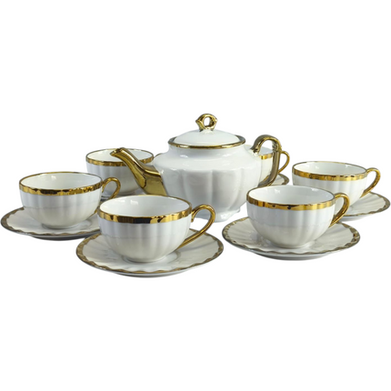 White Porcelain Tea Set with Gold Details ✨🍵 Teapot + 6 Cups 170mL with Saucers