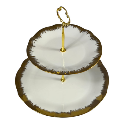 Soporte de 2 Pisos para Dulces y Aperitivos 🍰✨ Porcelana Blanca con Borde Dorado