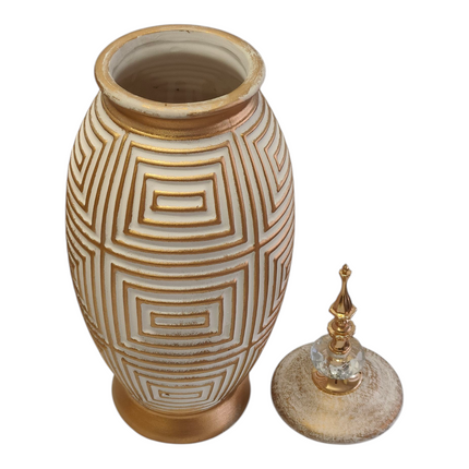 Jarrón Decorativo Árabe Alto Dorado y Blanco con Tapa y Detalle de Cristal – 46cm
