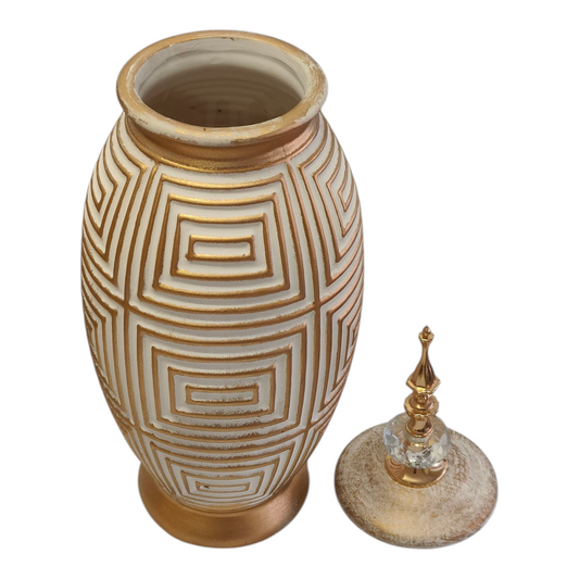 Jarrón Decorativo Árabe Alto Dorado y Blanco con Tapa y Detalle de Cristal – 46cm