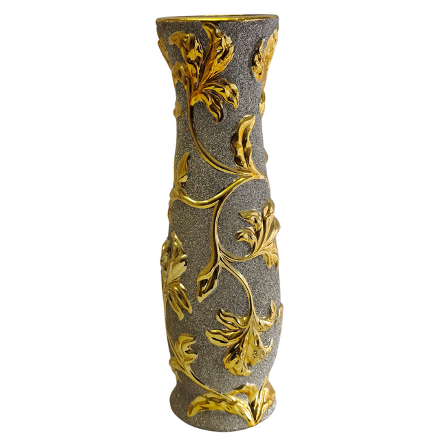 Jarrón Decorativo Alto Gris y Dorado con Hojas en Relieve – Estilo Lujo
