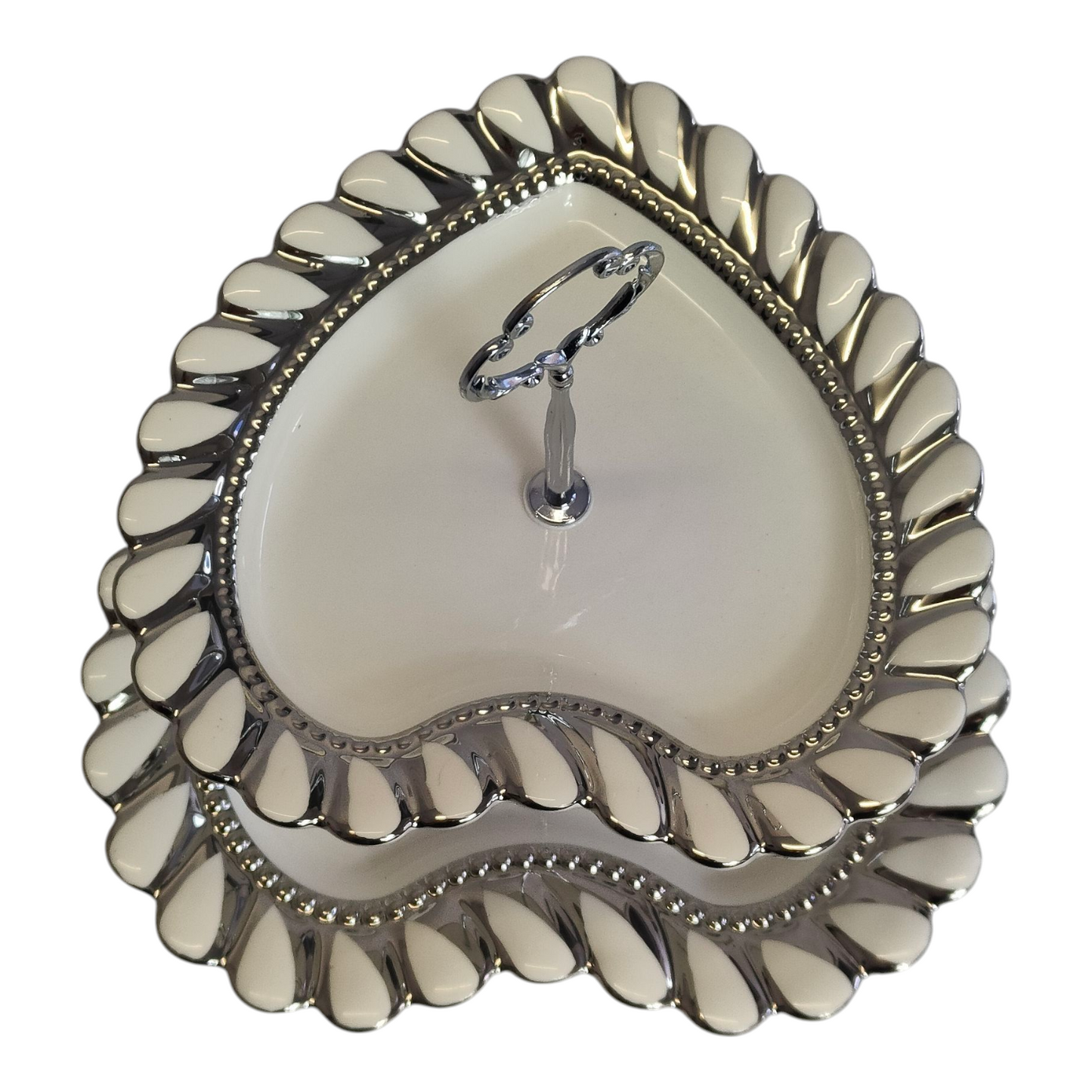 Soporte de 2 Niveles en Forma de Corazón Plateado — Bandejas Elegantes para Postres y Decoración