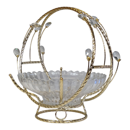 Frutero de Cristal con Asa Dorada y Detalles Decorativos – 28 cm