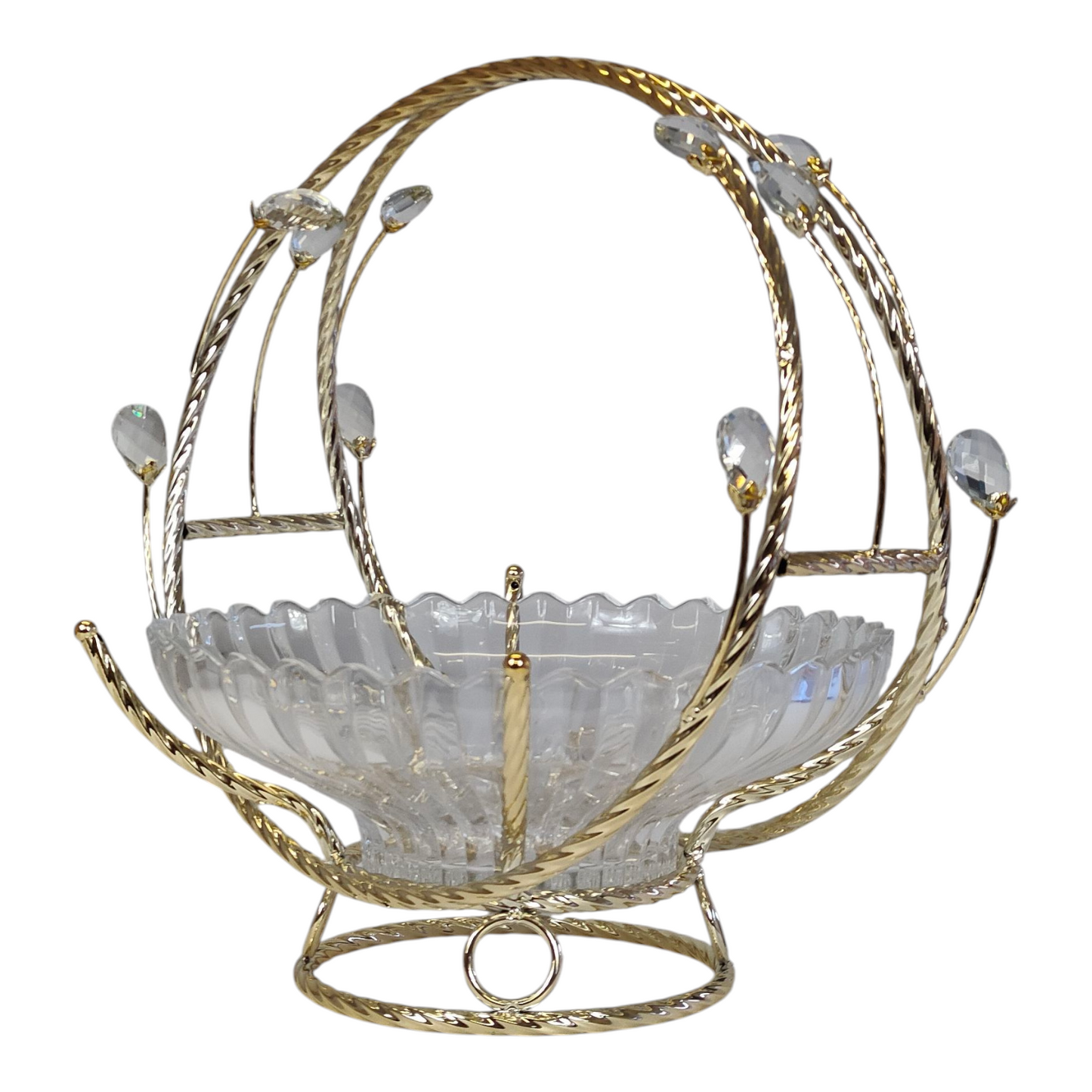 Frutero de Cristal con Asa Dorada y Detalles Decorativos – 28 cm