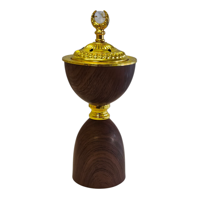 Incensário árabe castanho e dourado — Desenho em madeira com lua crescente