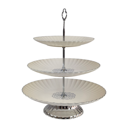 🍰 Bandeja expositora de plástico de 3 andares com design elegante – Cor marfim e prata