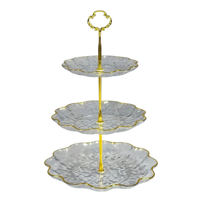 🍰 Soporte de Plástico de 3 Niveles con Bordes Dorados – Ideal para Postres y Aperitivos ✨